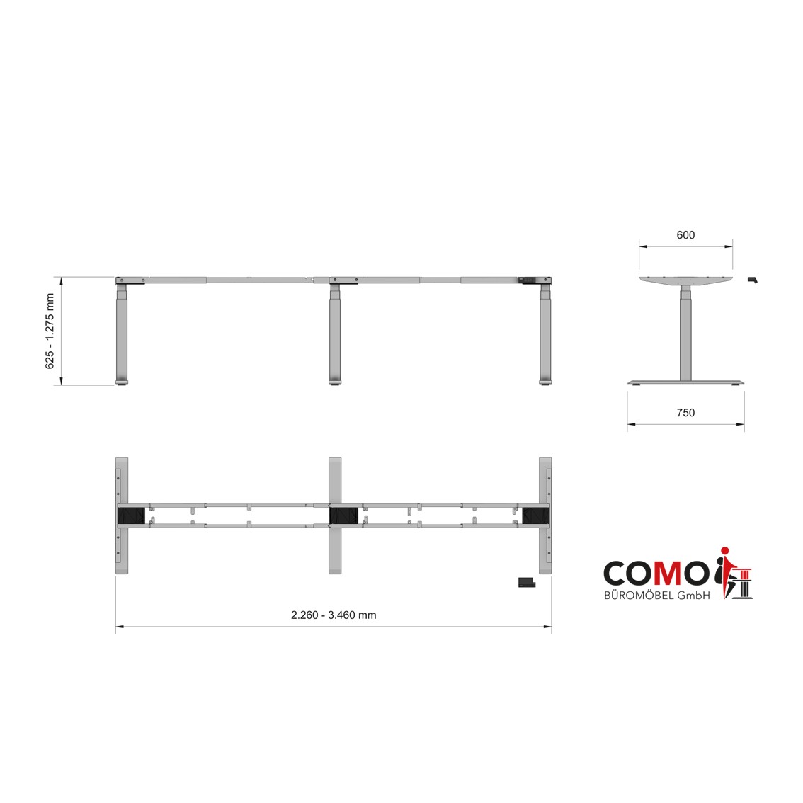 Konferenztisch-Gestell - elektrisch höhenverstellbar 625 – 1275 mm - breitenverstellbar 2260 – 3460 mm